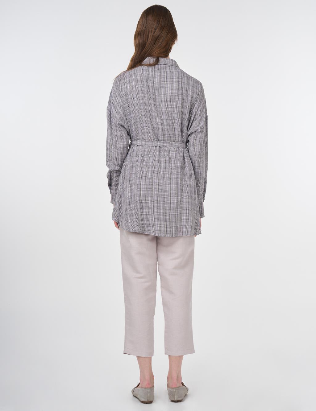 Belted Plaid Tunic Gray