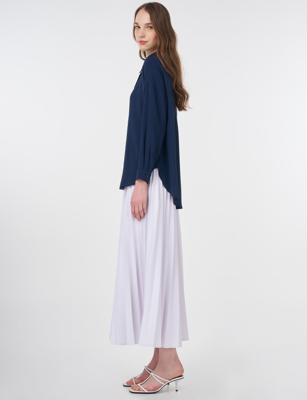 Hidden Placket Shirt Collar Basic Blouse Navy Blue