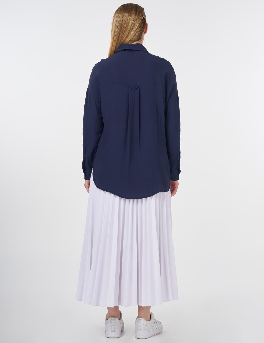 Hidden Placket Viscose Blouse Navy