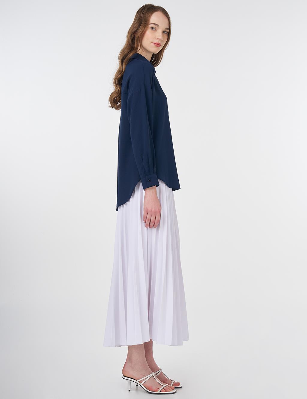 Hidden Placket Shirt Collar Basic Blouse Navy Blue