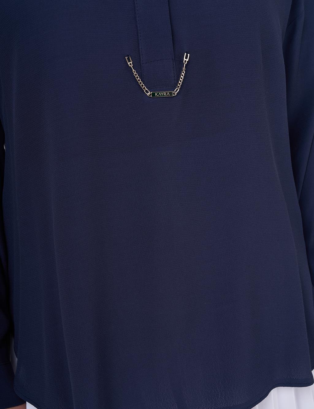 Hidden Placket Viscose Blouse Navy