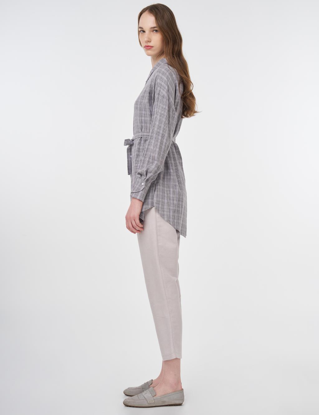 Belted Plaid Tunic Gray