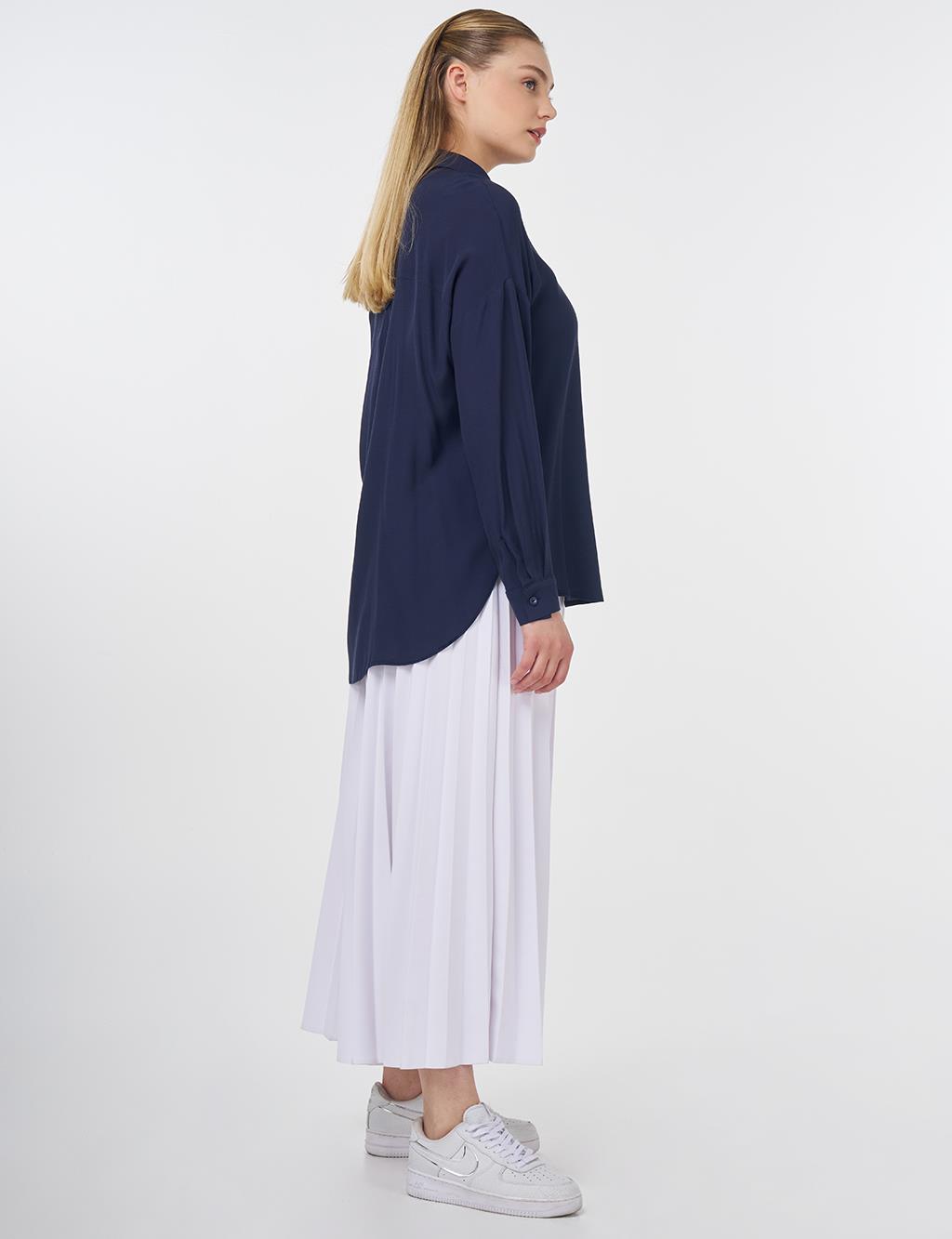 Hidden Placket Viscose Blouse Navy