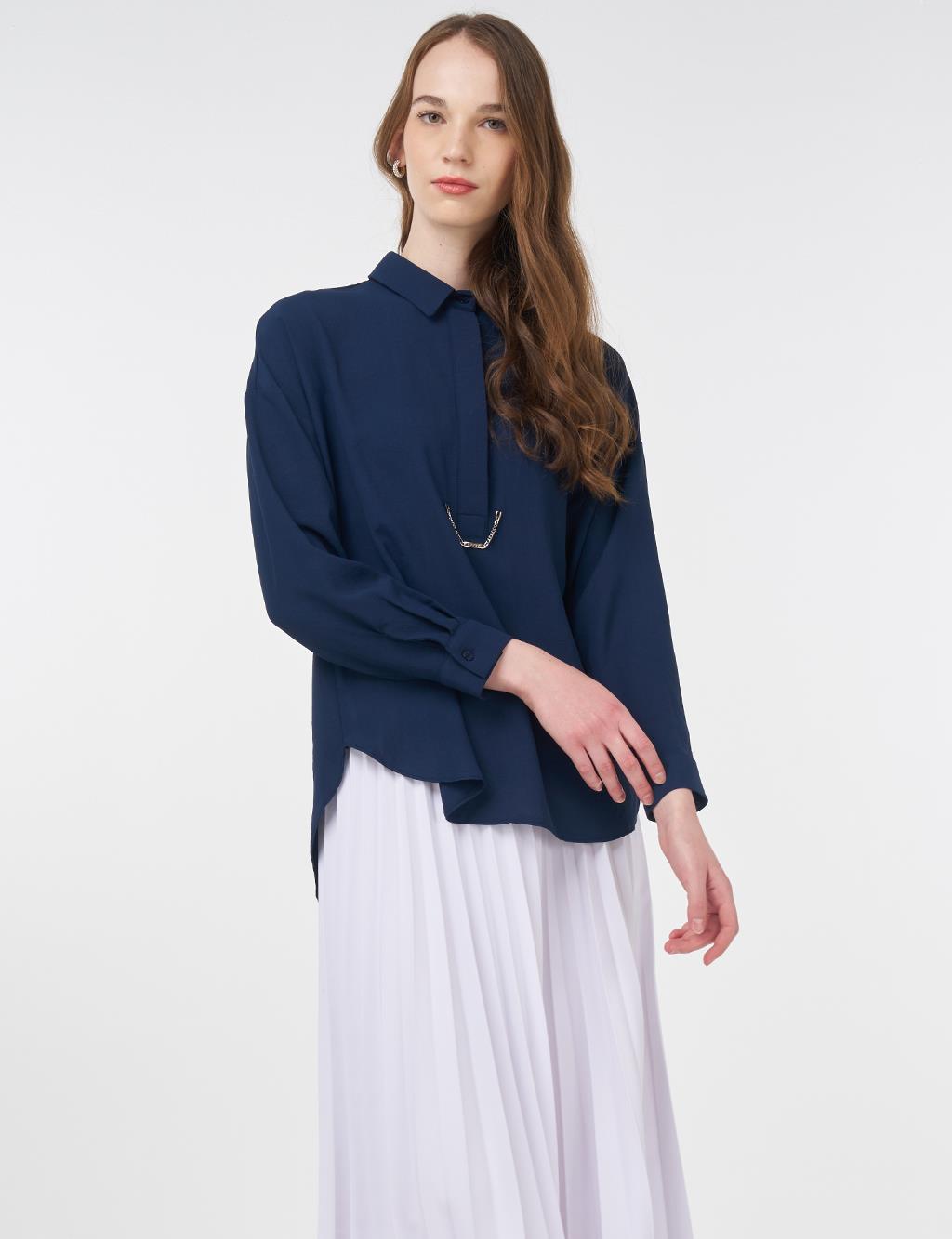 Hidden Placket Shirt Collar Basic Blouse Navy Blue