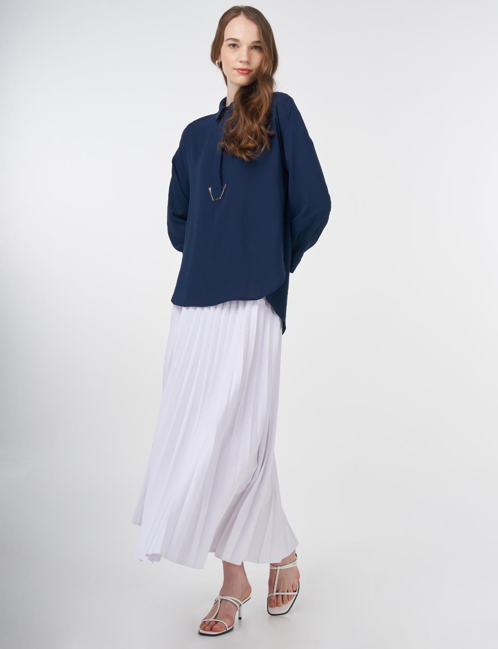 Hidden Placket Shirt Collar Basic Blouse Navy Blue