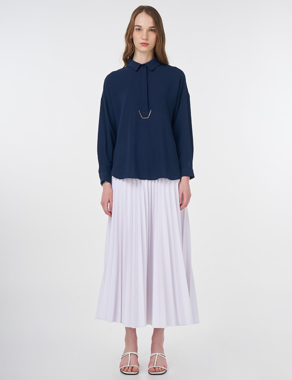Hidden Placket Shirt Collar Basic Blouse Navy Blue