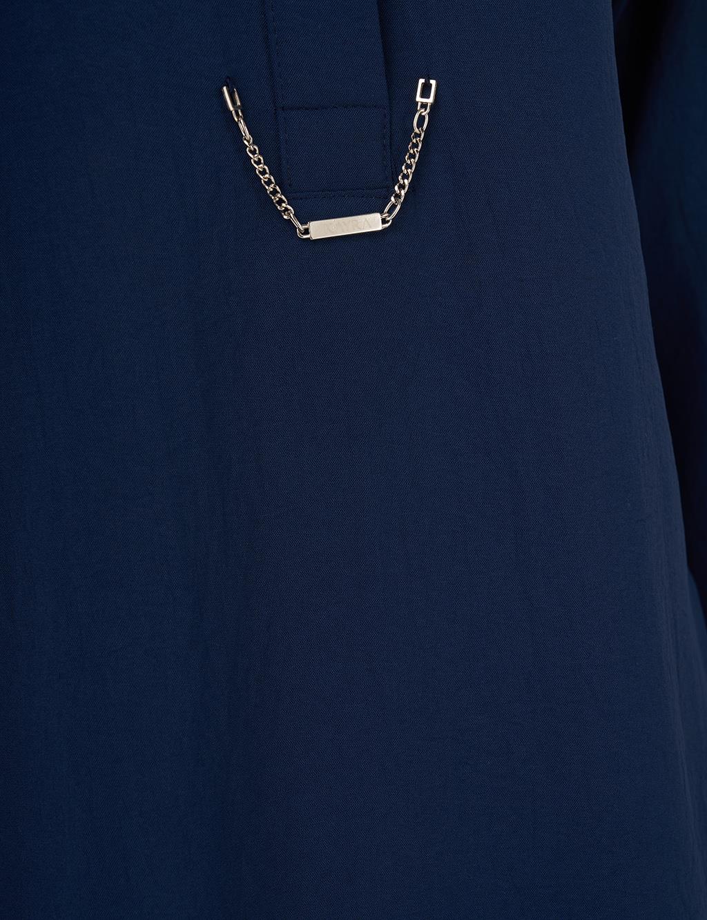 Hidden Placket Shirt Collar Basic Blouse Navy Blue