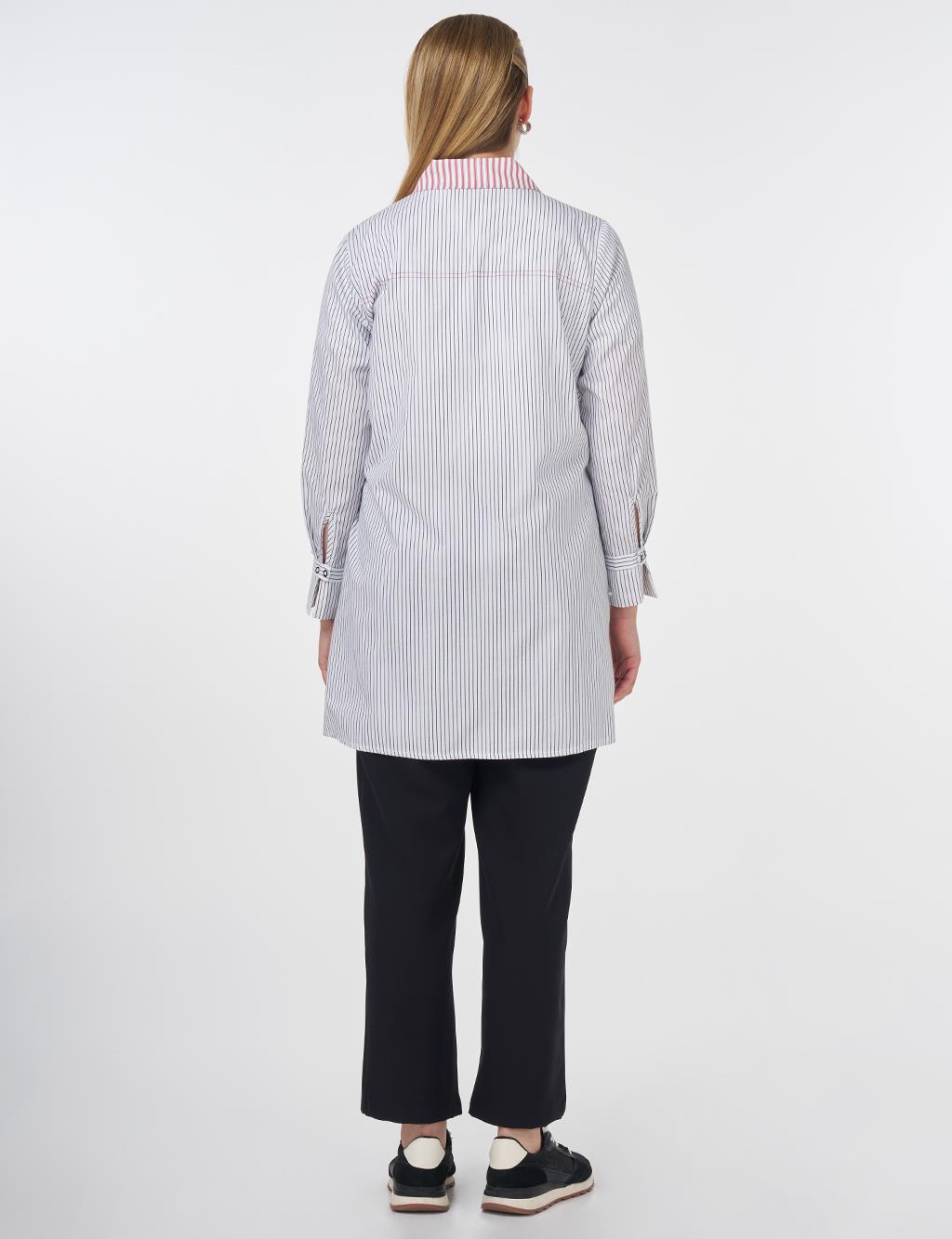 Striped Shirt Collar Tunic Black