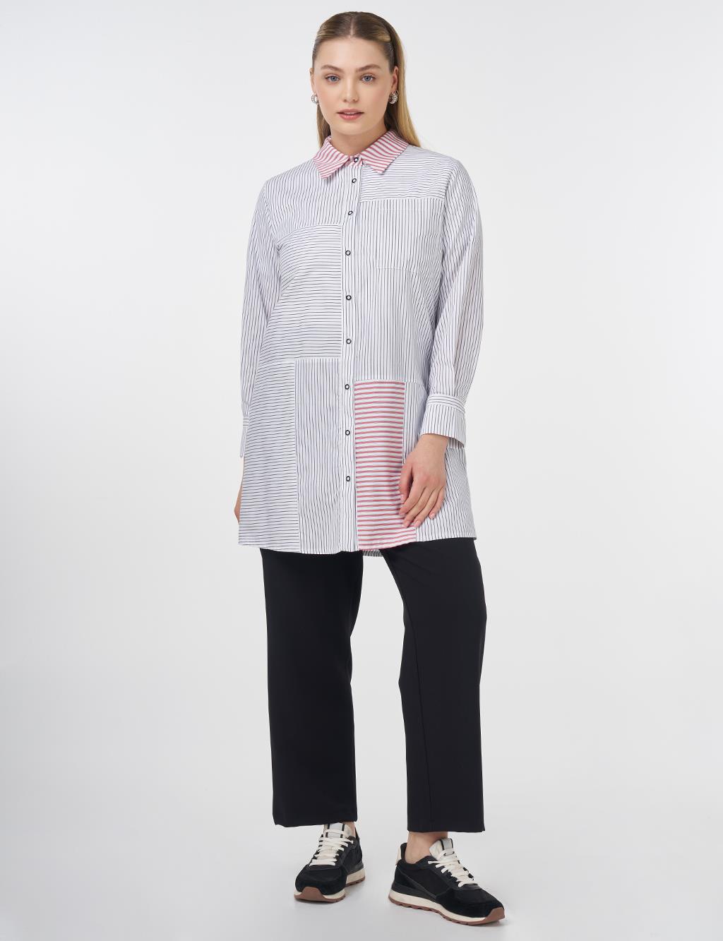 Striped Shirt Collar Tunic Black