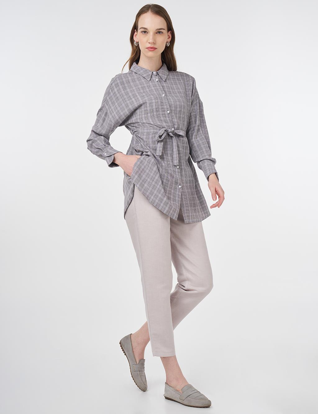 Belted Plaid Tunic Gray