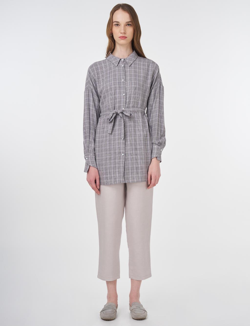 Belted Plaid Tunic Gray