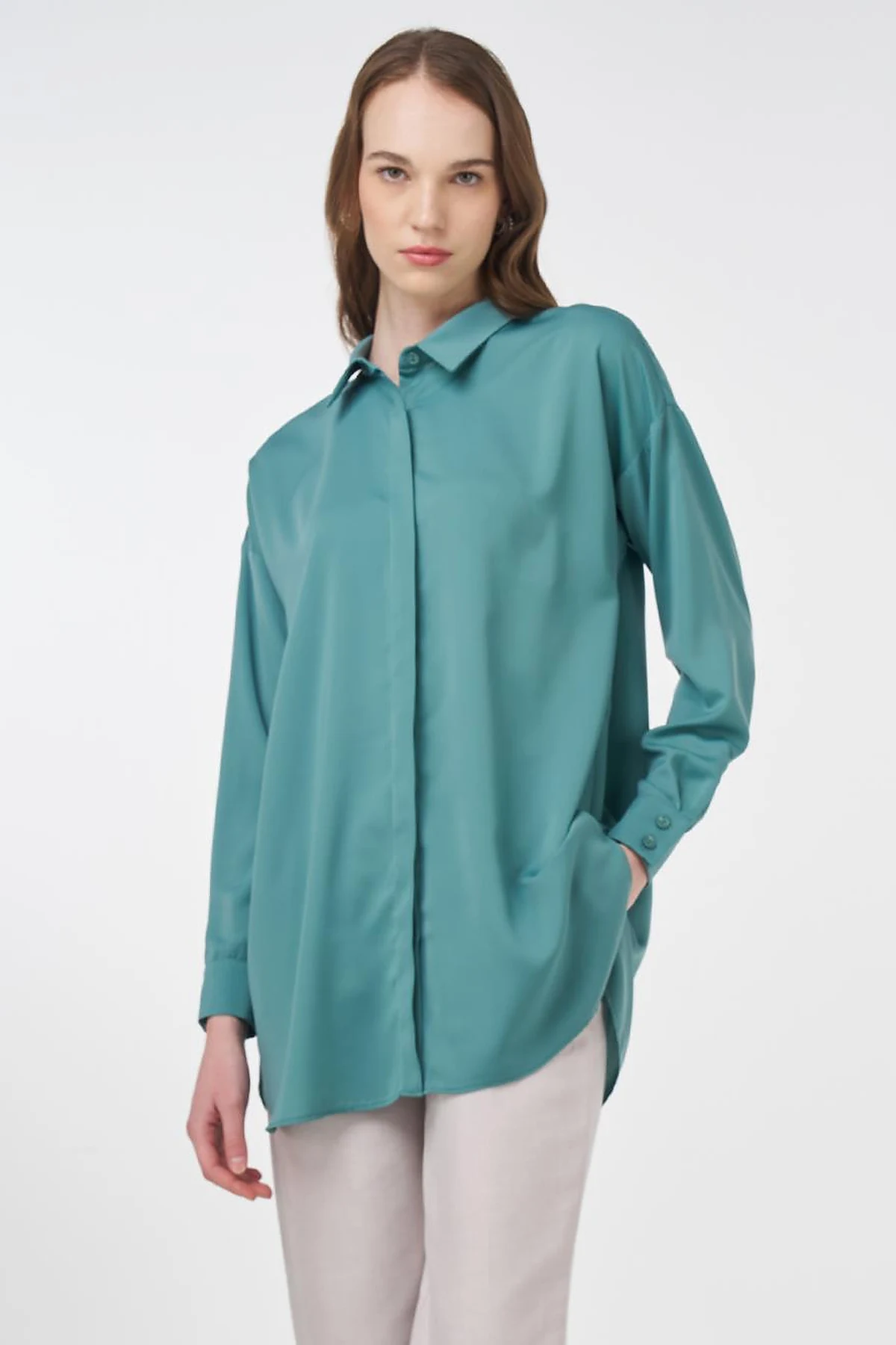 Basic Shirt Collar Tunic Green