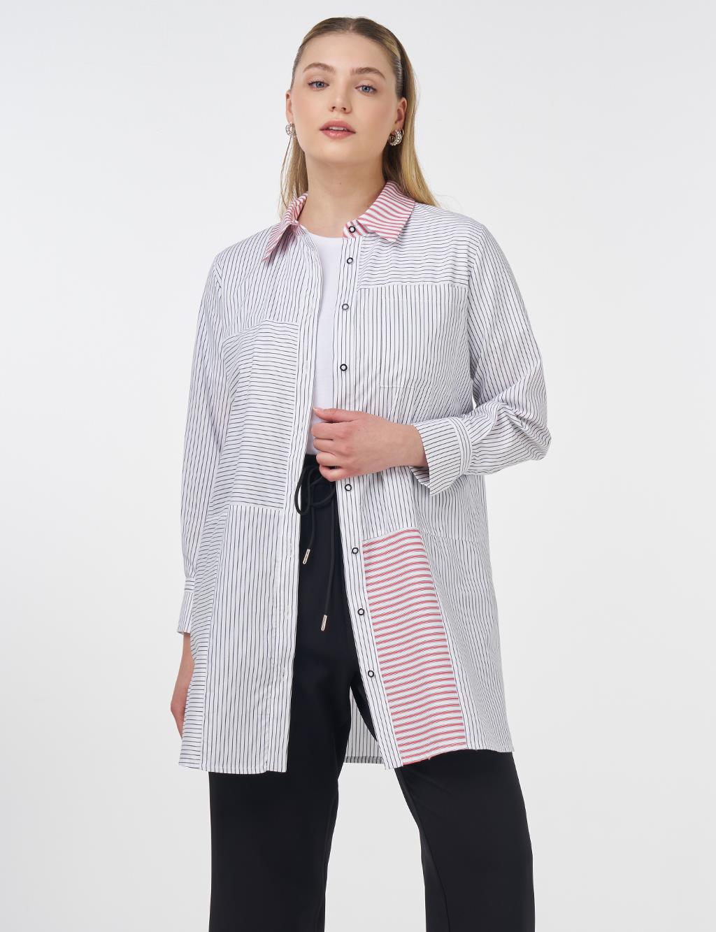 Striped Shirt Collar Tunic Black