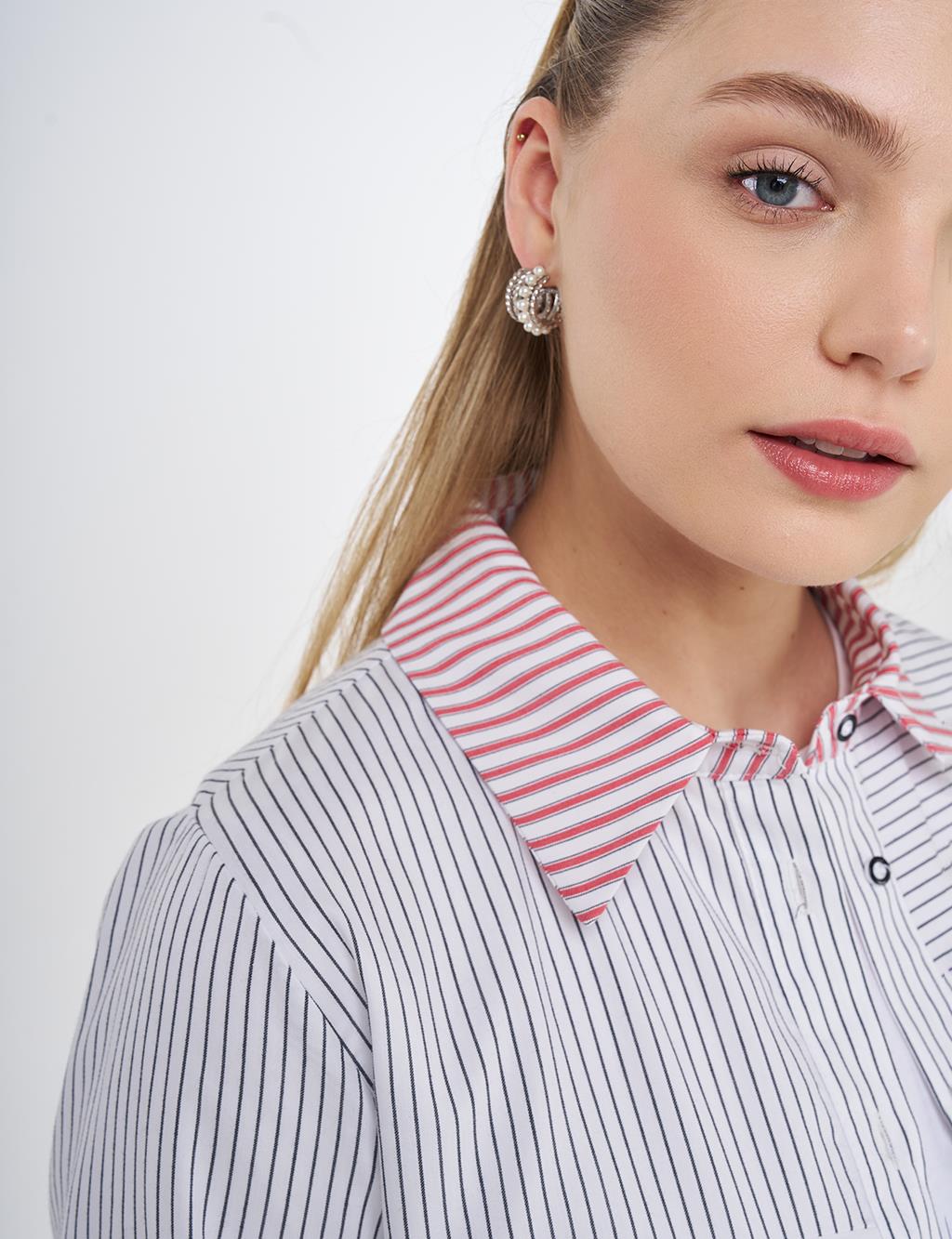 Striped Shirt Collar Tunic Black
