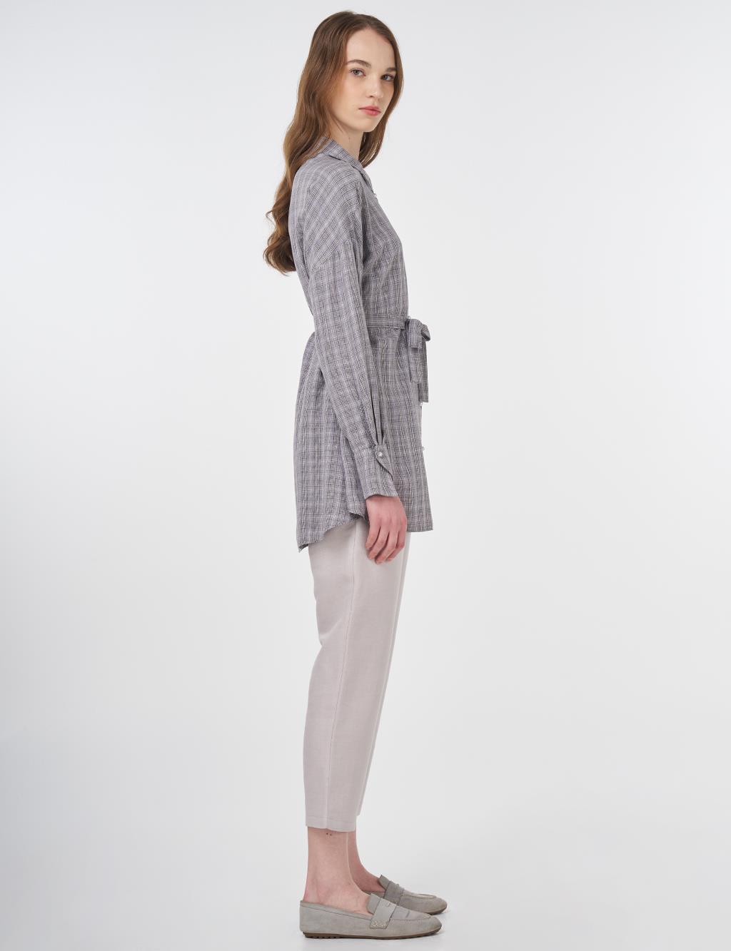 Belted Plaid Tunic Gray