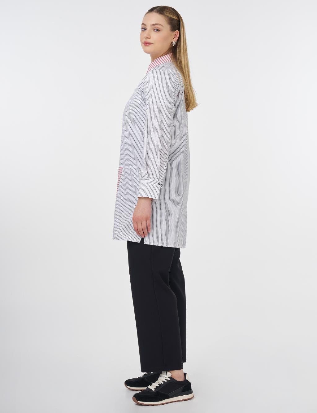 Striped Shirt Collar Tunic Black