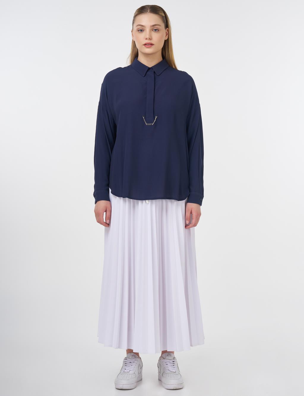 Hidden Placket Viscose Blouse Navy