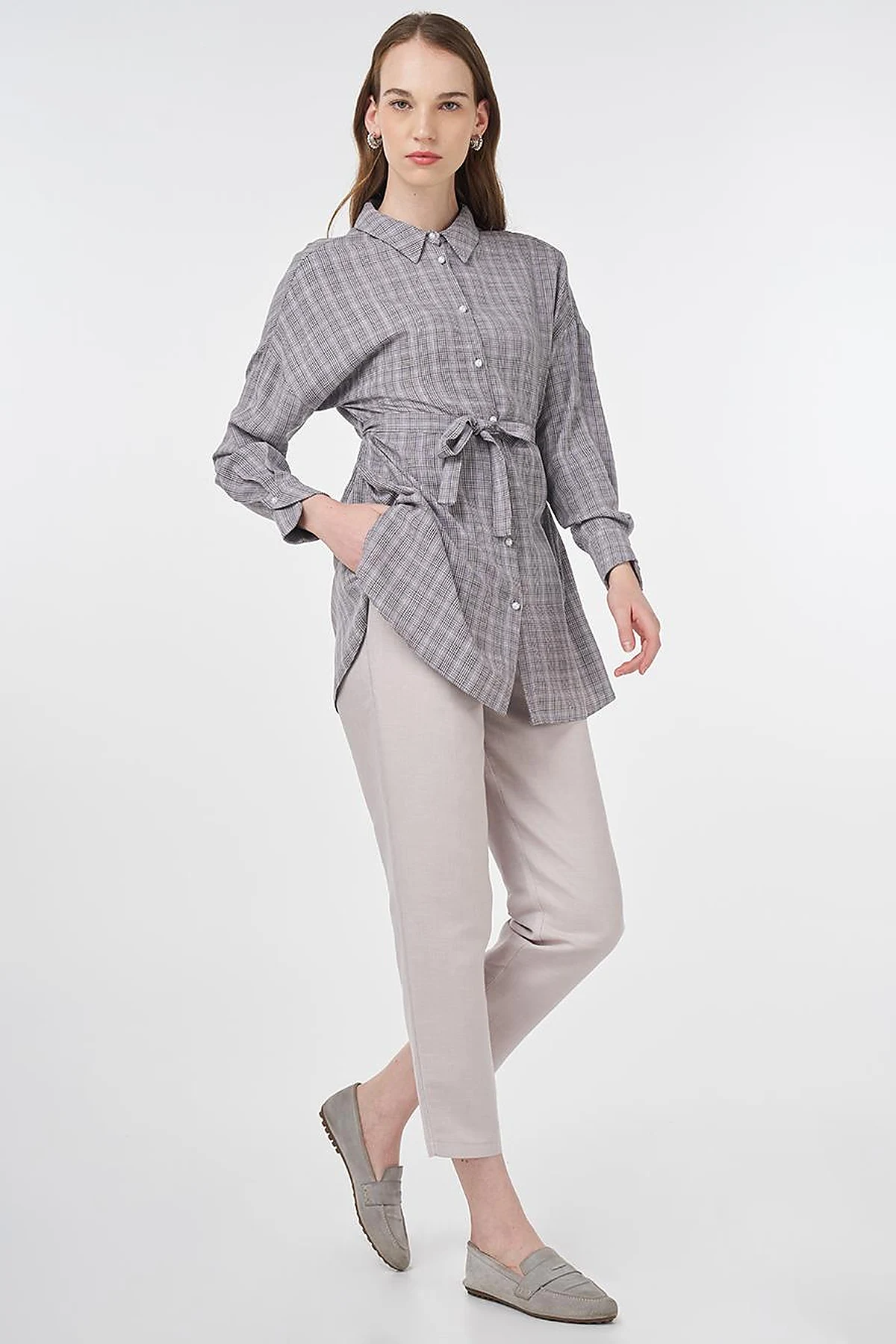 Belted Plaid Tunic Gray