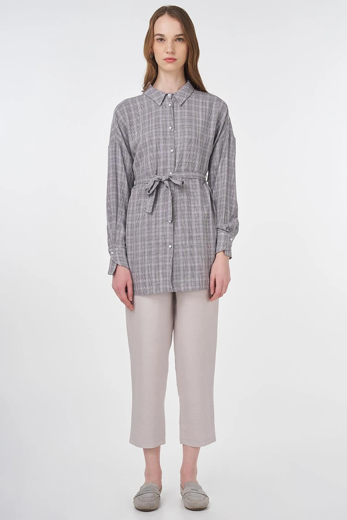 Belted Plaid Tunic Gray