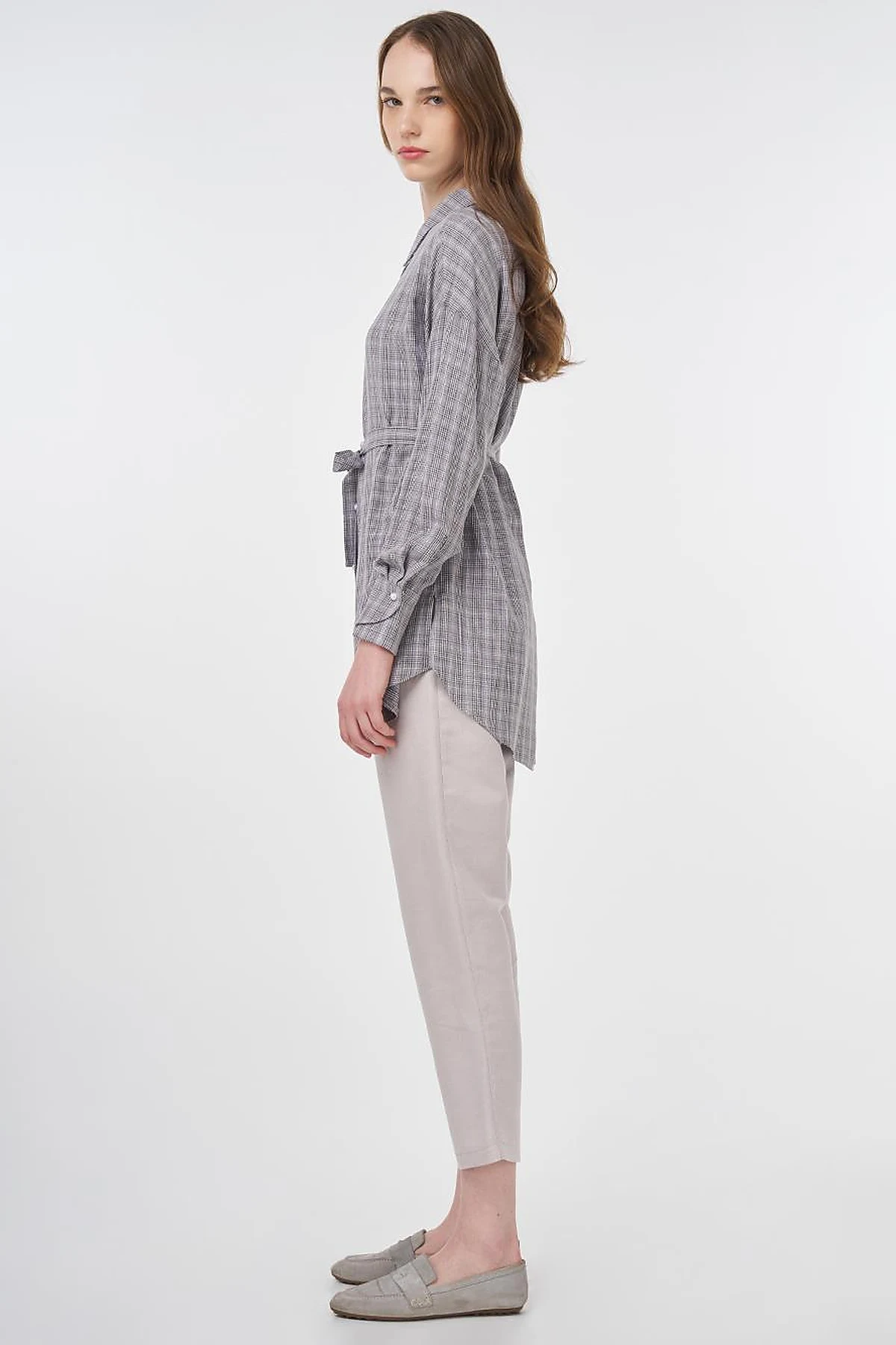 Belted Plaid Tunic Gray