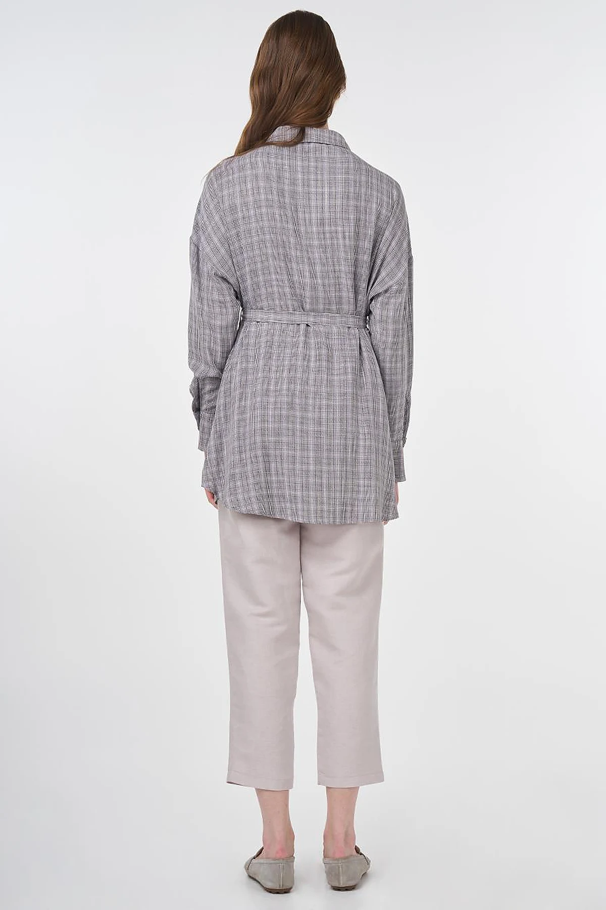 Belted Plaid Tunic Gray