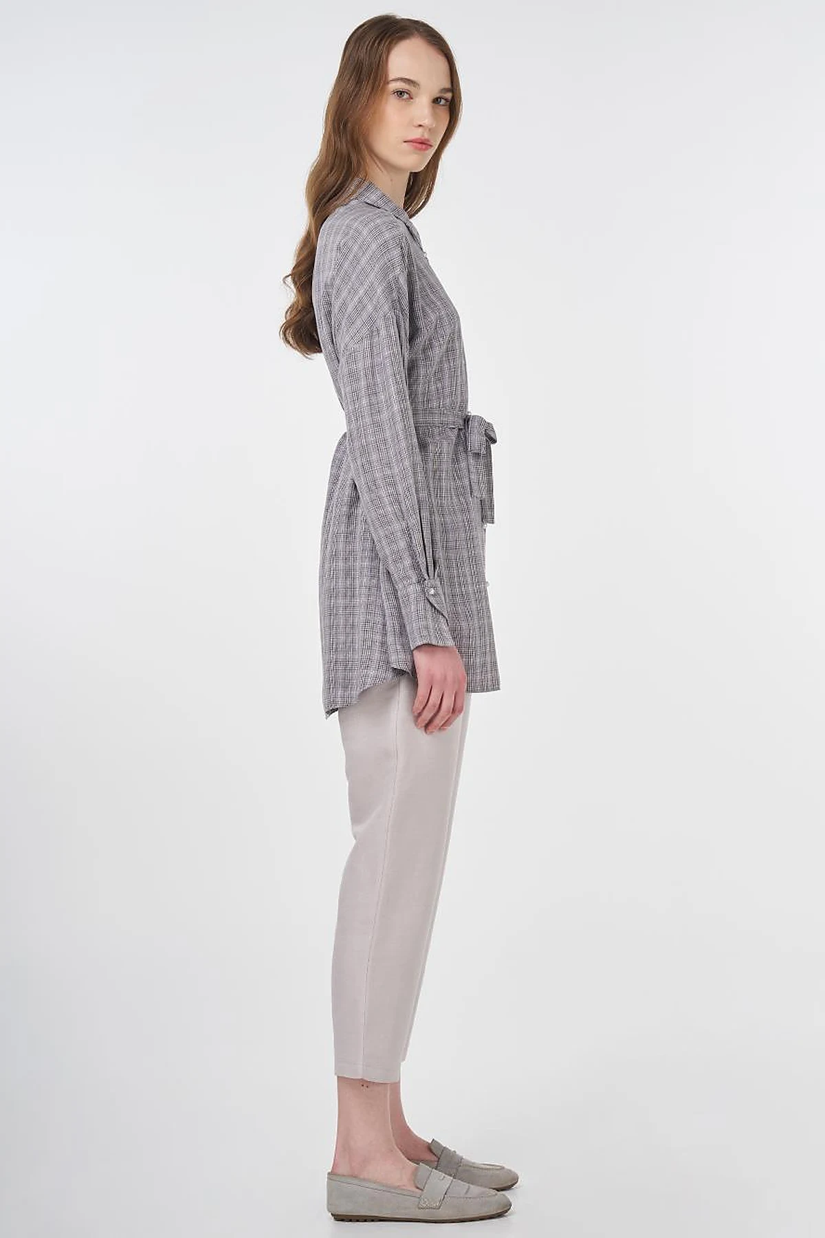 Belted Plaid Tunic Gray