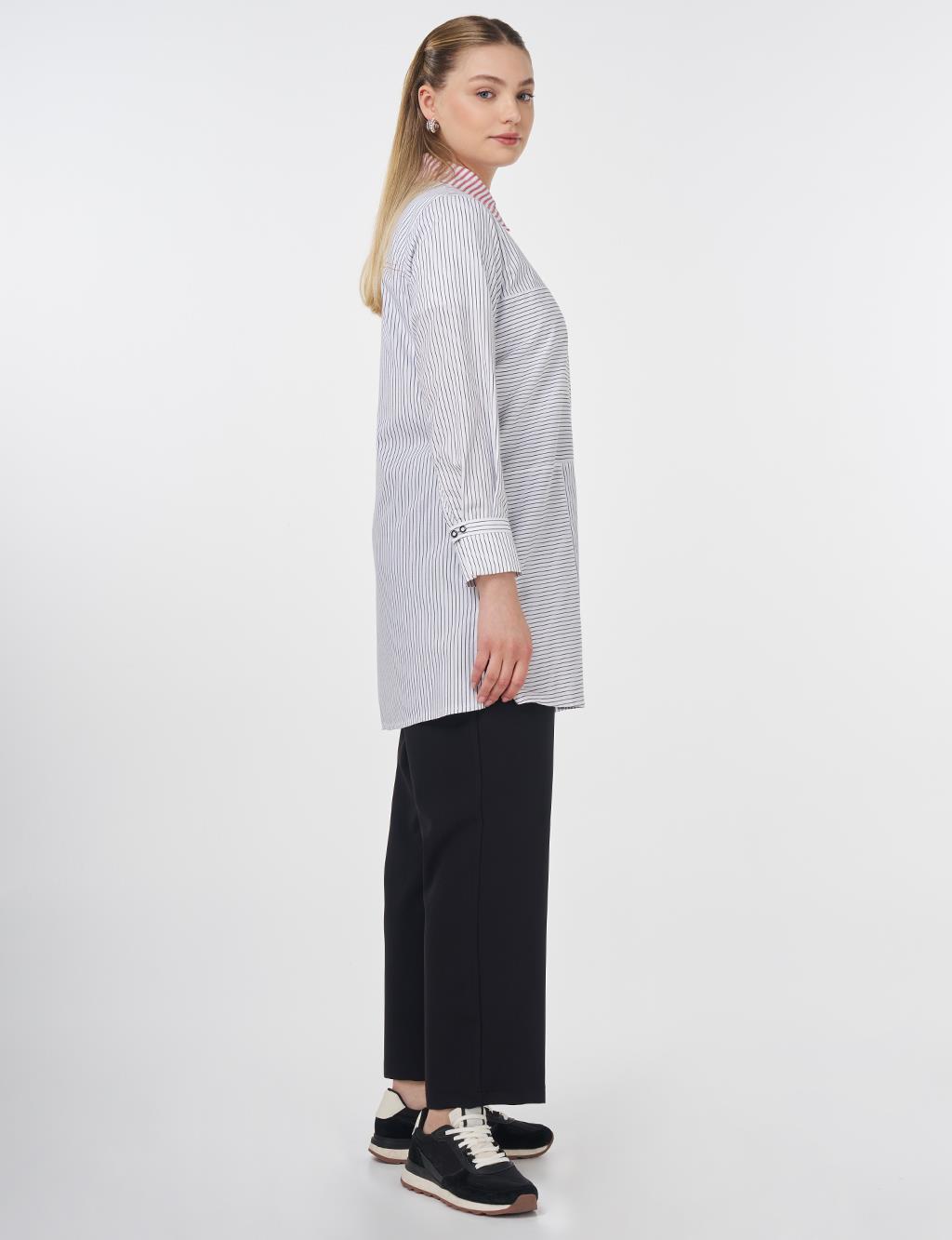 Striped Shirt Collar Tunic Black