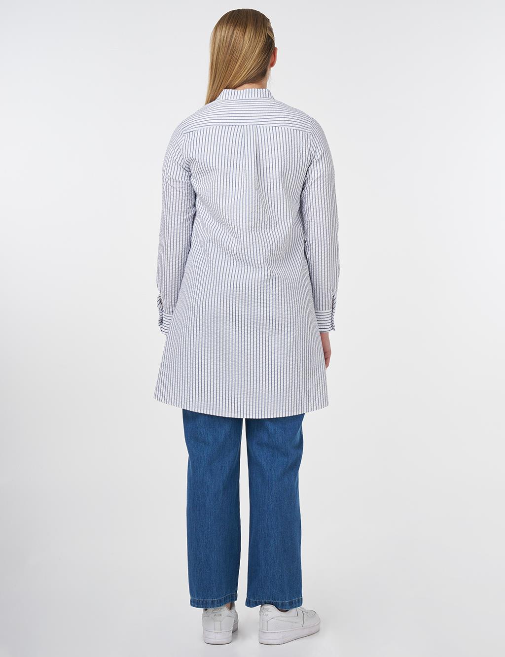 Mandarin Collar Cotton Basic Tunic Navy Blue