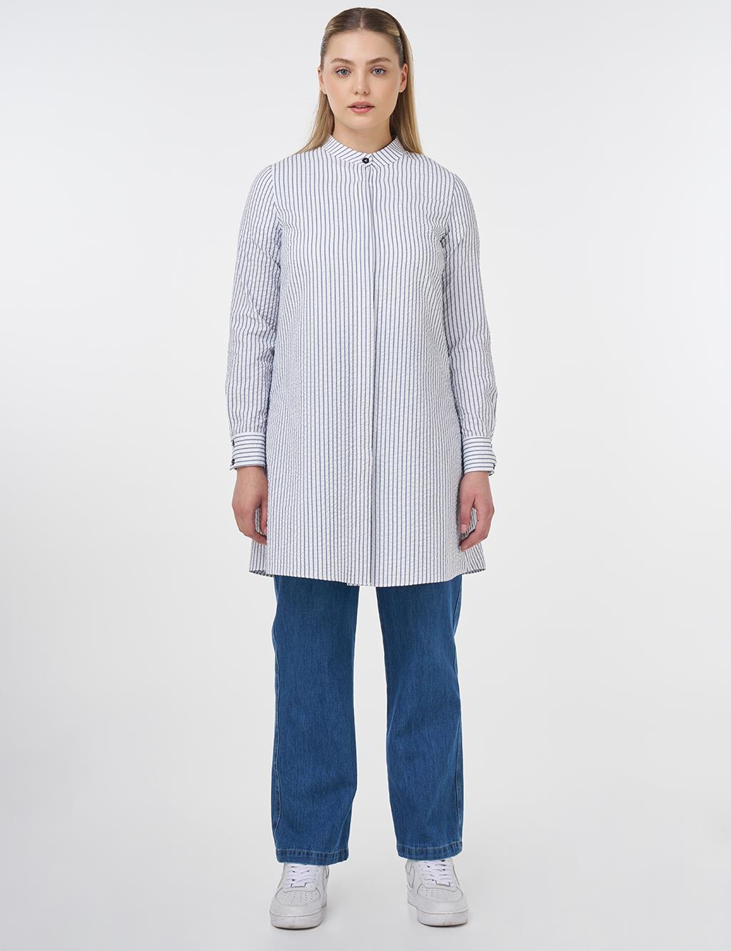 Mandarin Collar Cotton Basic Tunic Navy Blue
