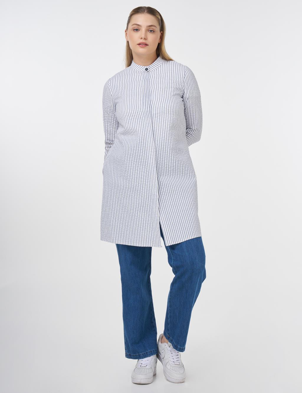 Mandarin Collar Cotton Basic Tunic Navy Blue