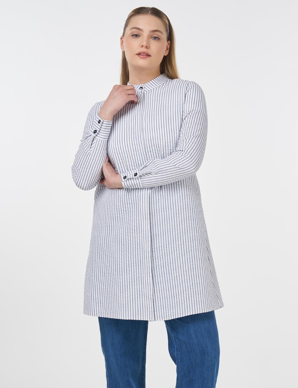 Mandarin Collar Cotton Basic Tunic Navy Blue