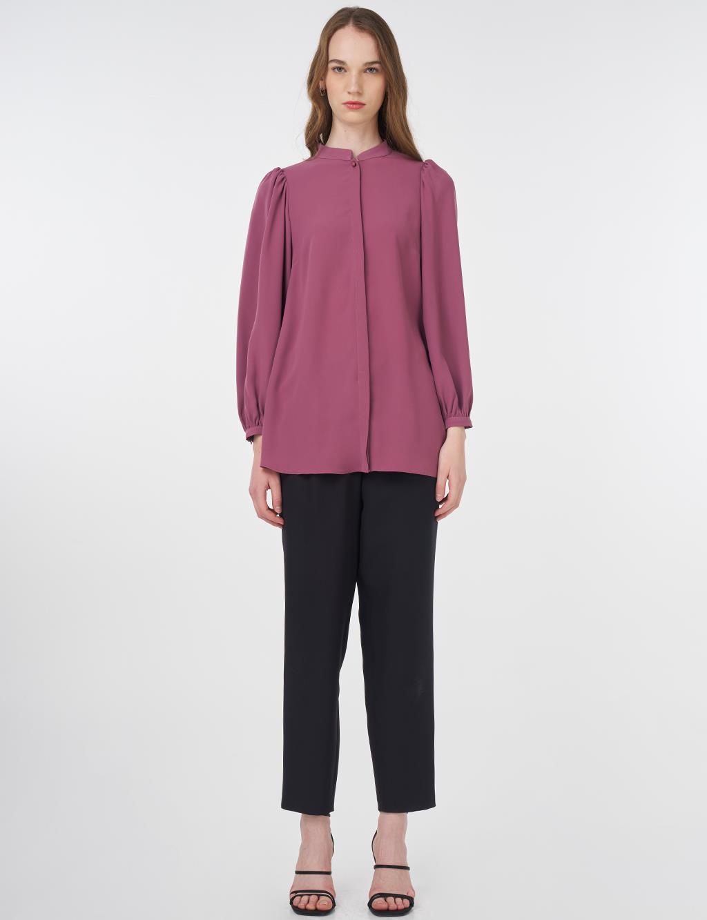 Mandarin Collar Asymmetrical Cut Blouse Dusty Rose