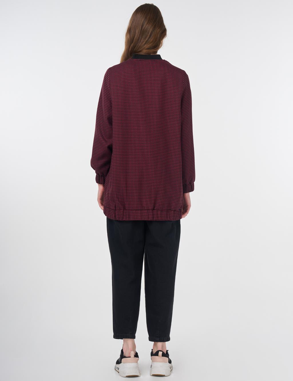 Houndstooth Pattern Basic Jacket Black-Burgundy