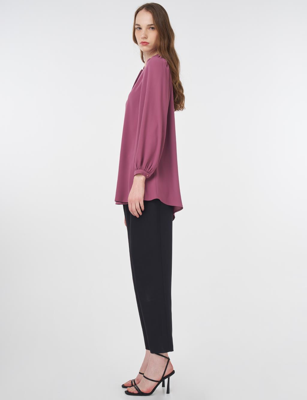 Mandarin Collar Asymmetrical Cut Blouse Dusty Rose