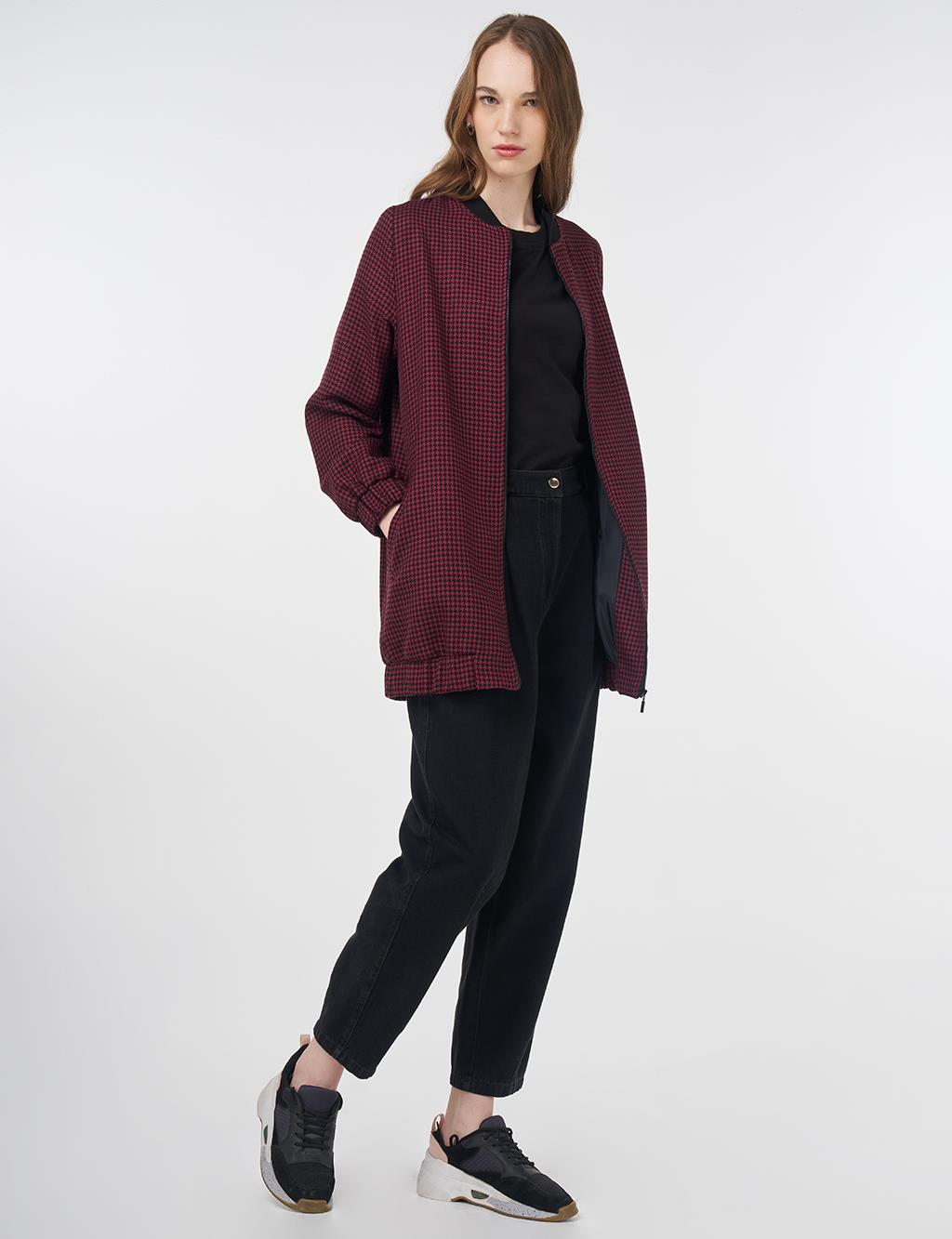 Houndstooth Pattern Basic Jacket Black-Burgundy