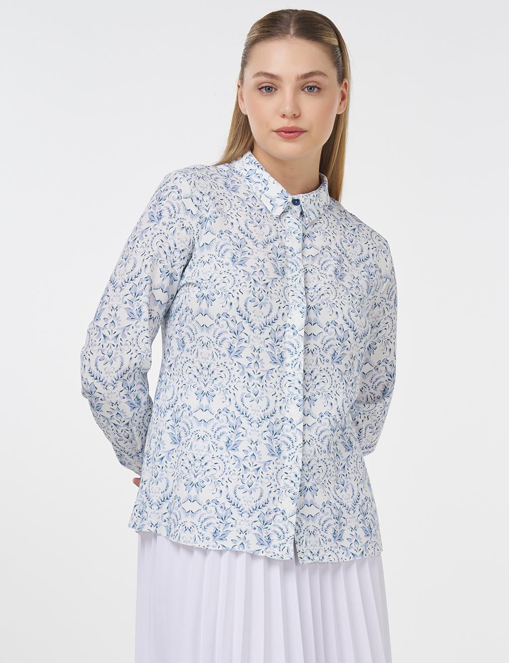 Floral Patterned Viscose Blouse Indigo