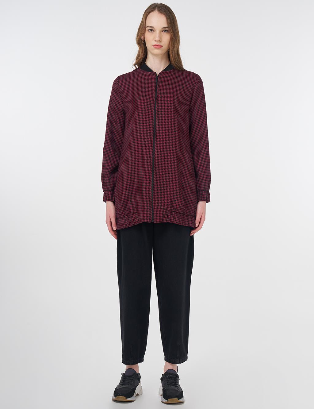 Houndstooth Pattern Basic Jacket Black-Burgundy