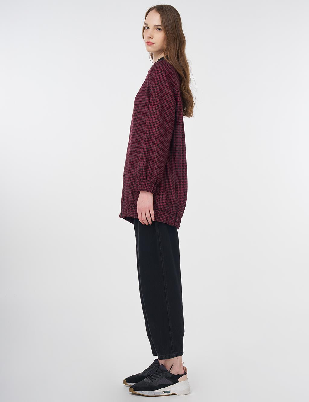 Houndstooth Pattern Basic Jacket Black-Burgundy