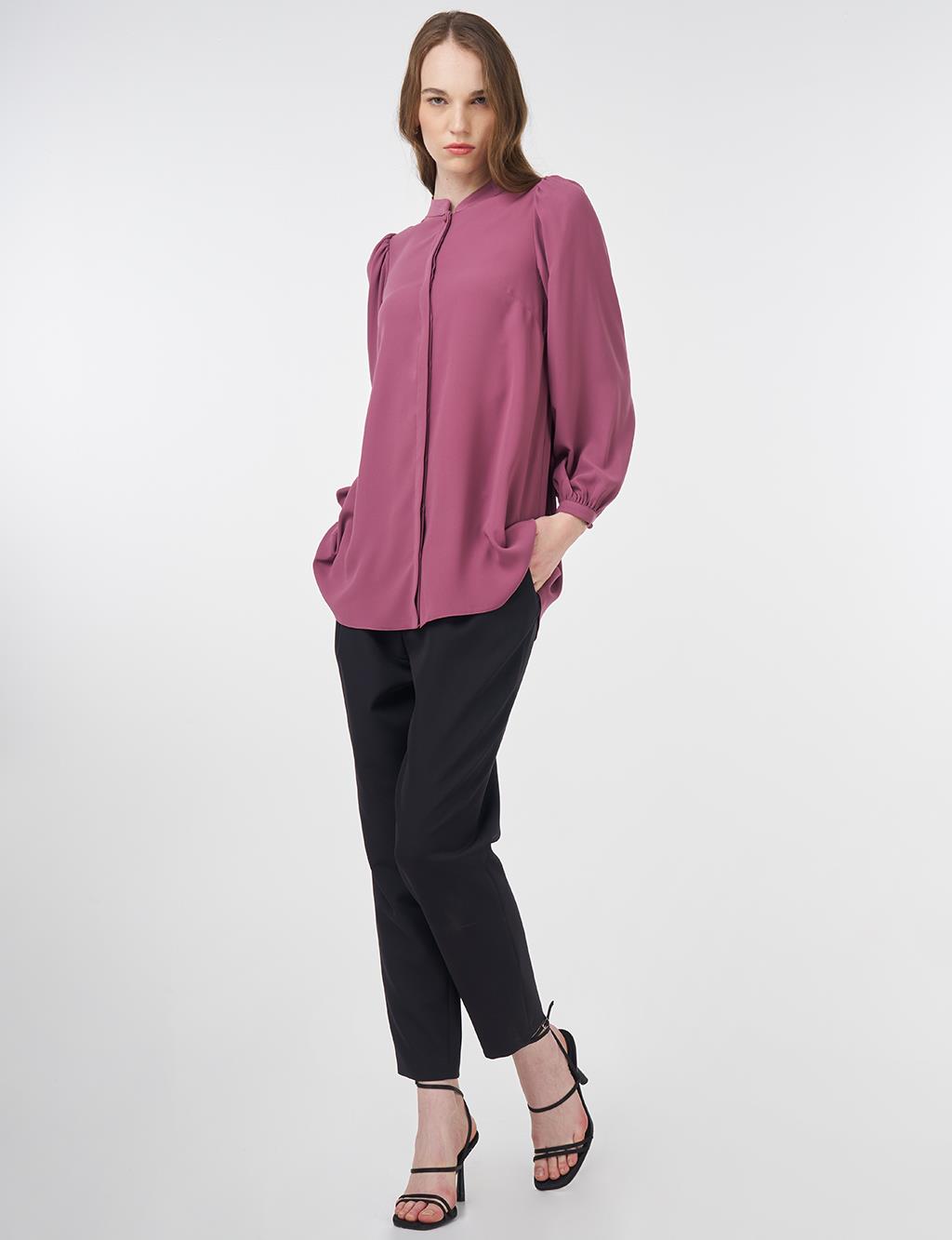 Mandarin Collar Asymmetrical Cut Blouse Dusty Rose