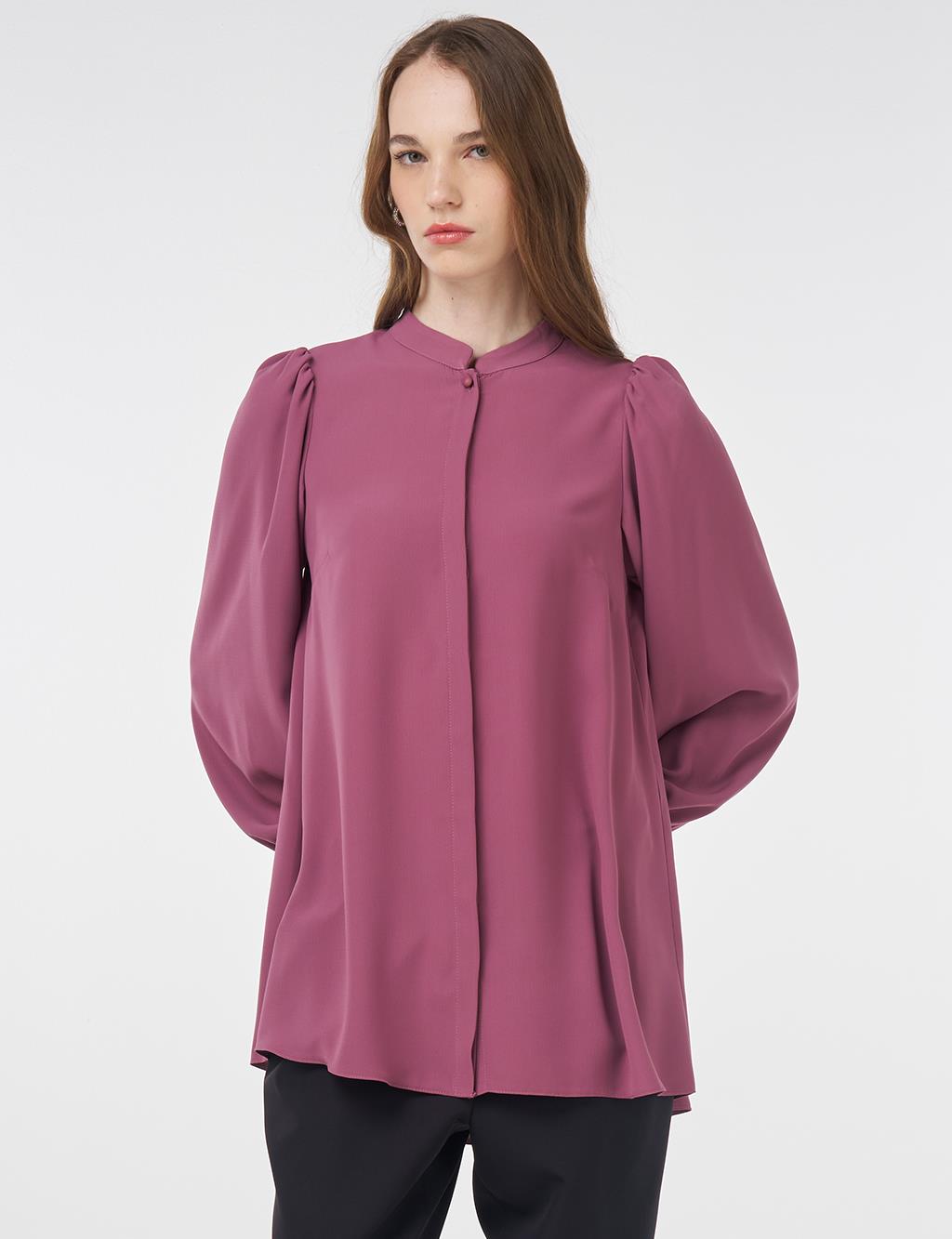 Mandarin Collar Asymmetrical Cut Blouse Dusty Rose