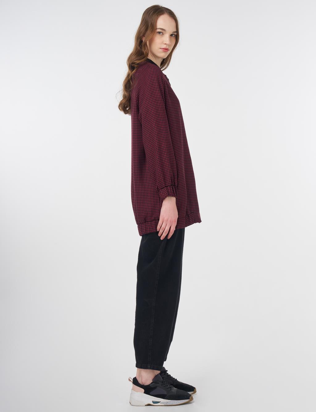 Houndstooth Pattern Basic Jacket Black-Burgundy