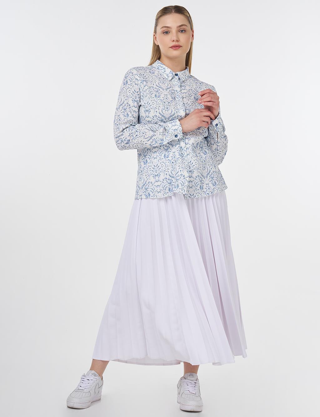 Floral Patterned Viscose Blouse Indigo