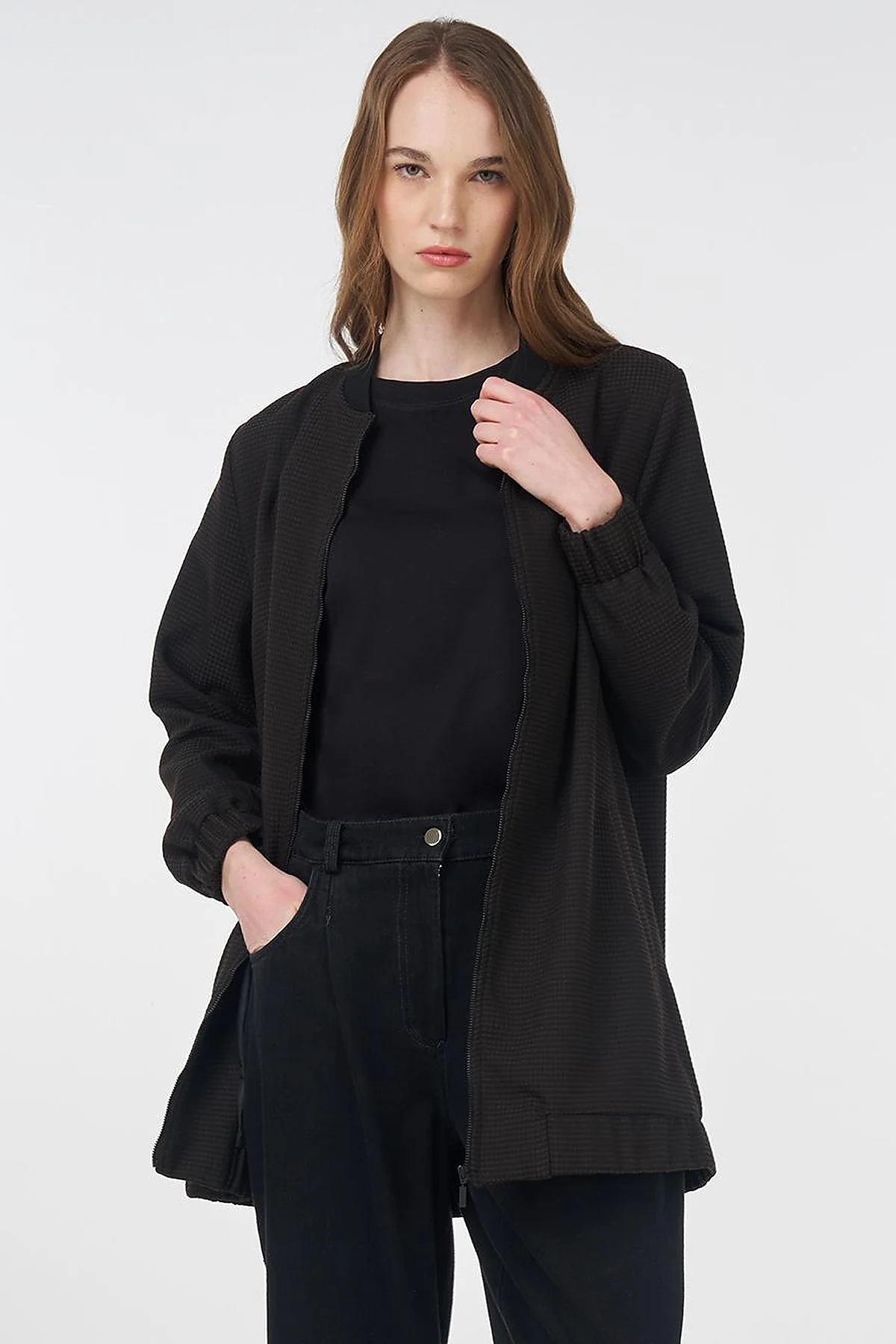 Patterned Basic Jacket Black-Dark Brown