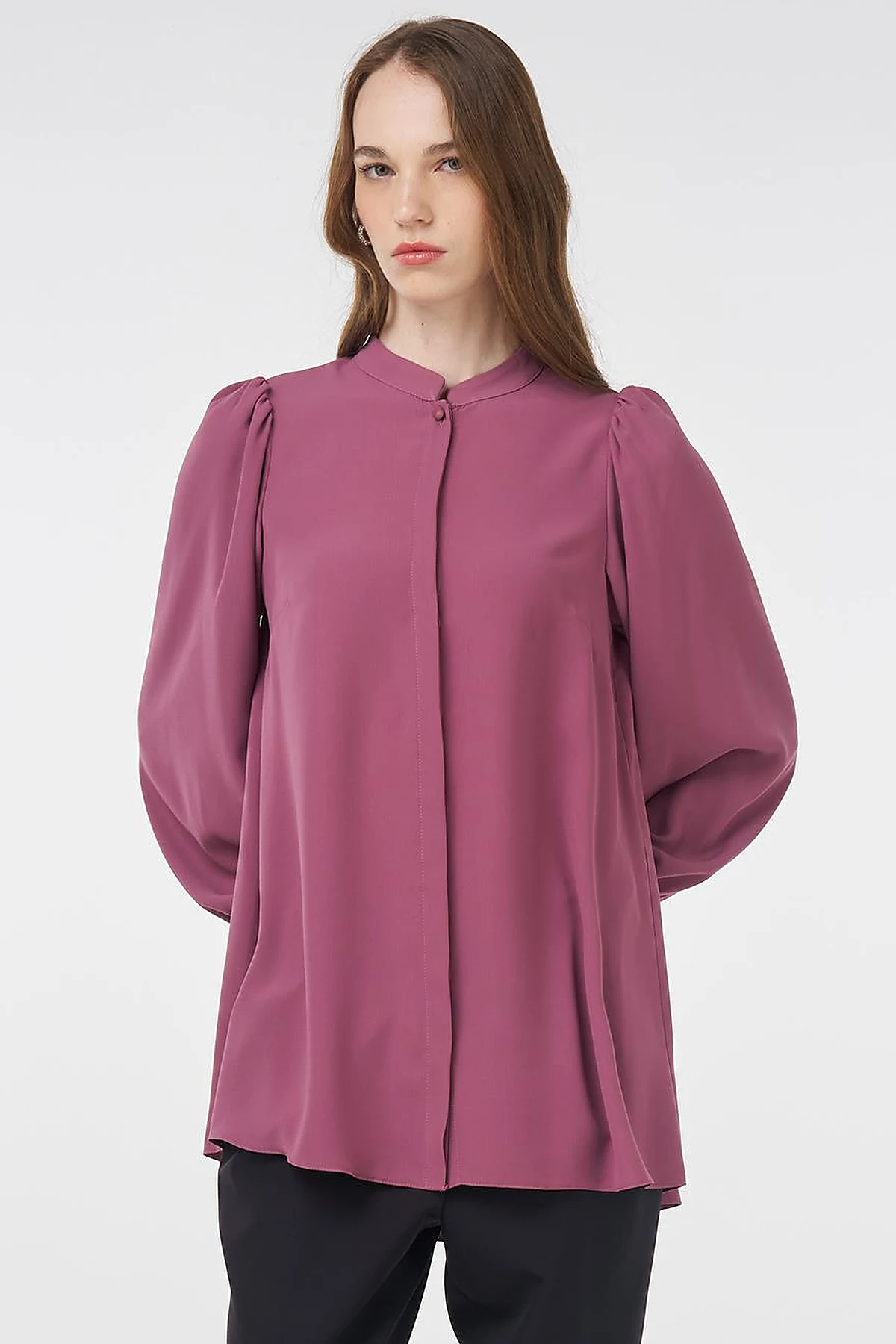 Mandarin Collar Asymmetrical Cut Blouse Dusty Rose