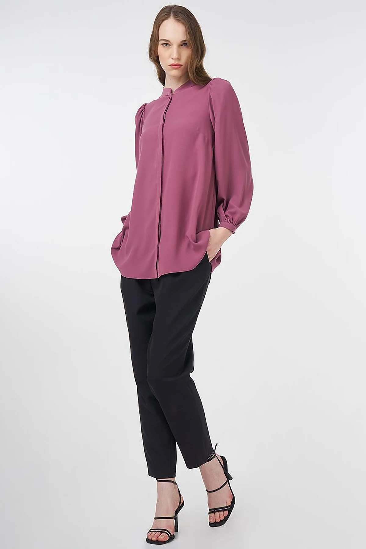 Mandarin Collar Asymmetrical Cut Blouse Dusty Rose