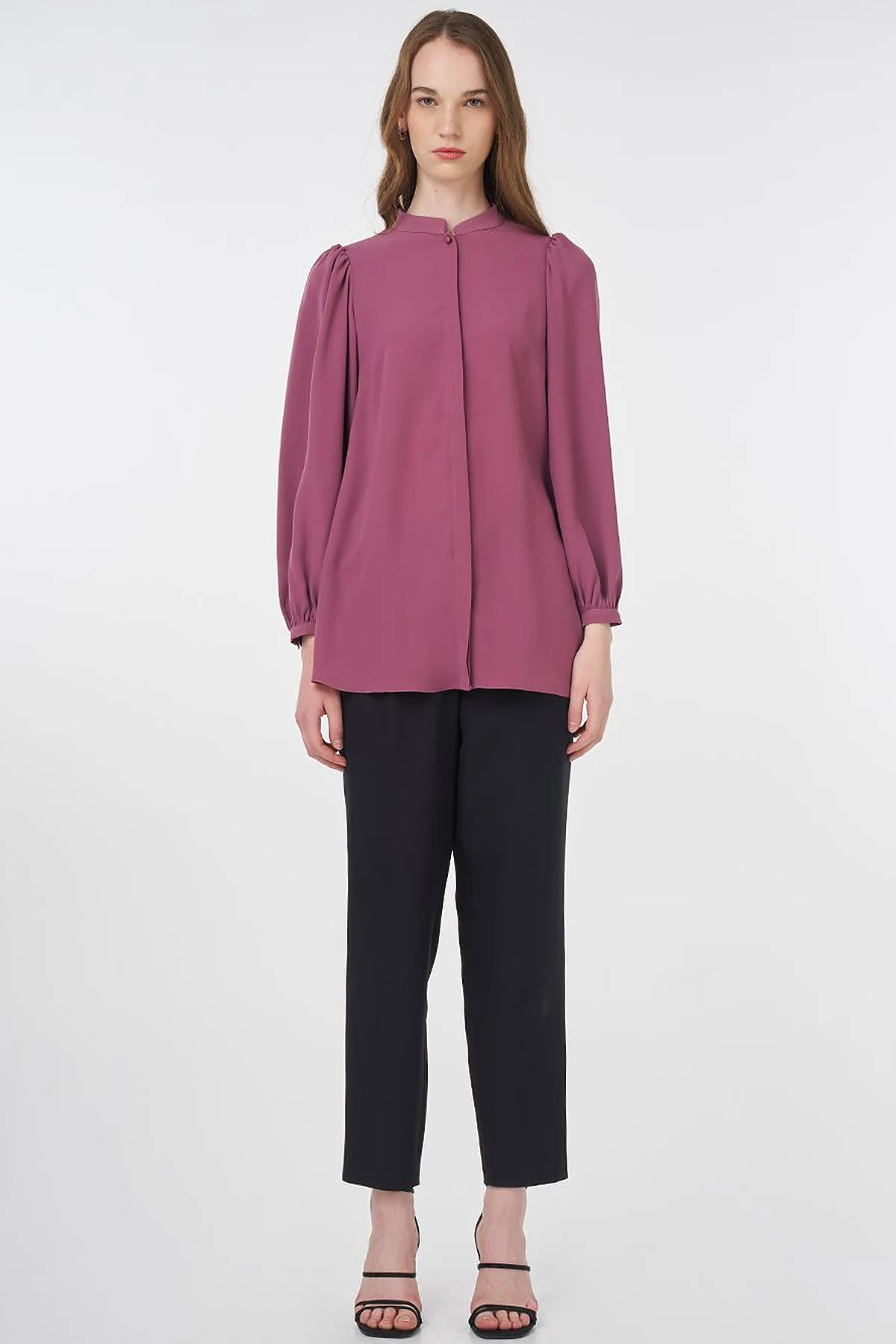 Mandarin Collar Asymmetrical Cut Blouse Dusty Rose