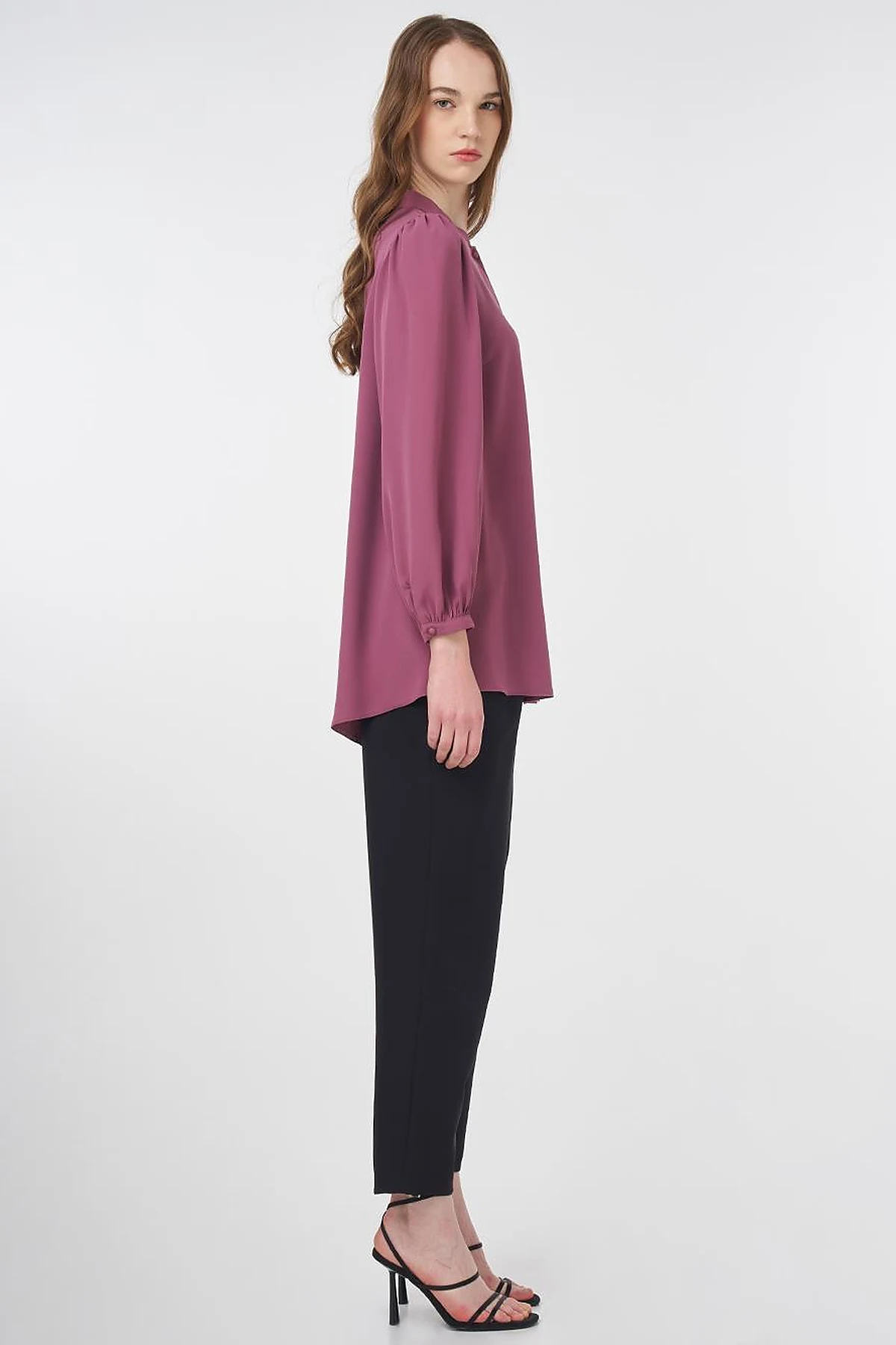 Mandarin Collar Asymmetrical Cut Blouse Dusty Rose