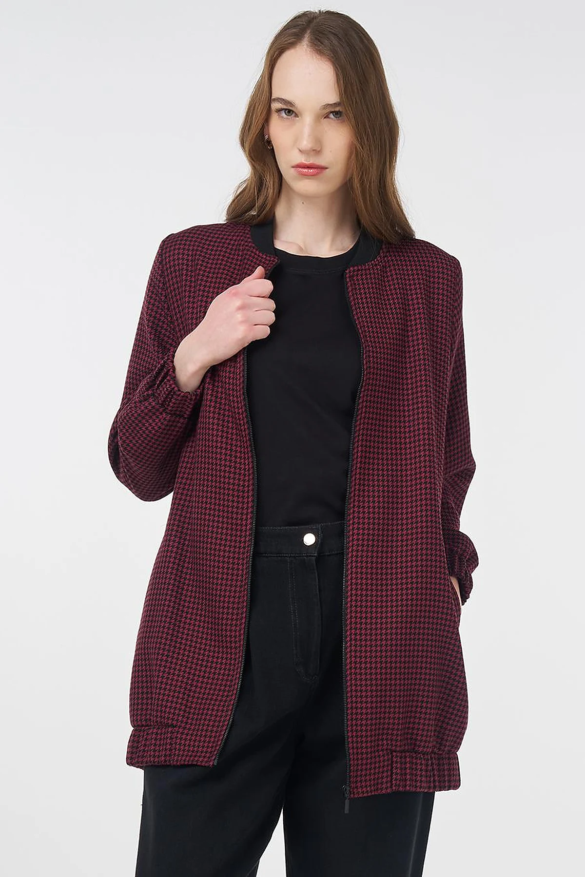 Houndstooth Pattern Basic Jacket Black-Burgundy