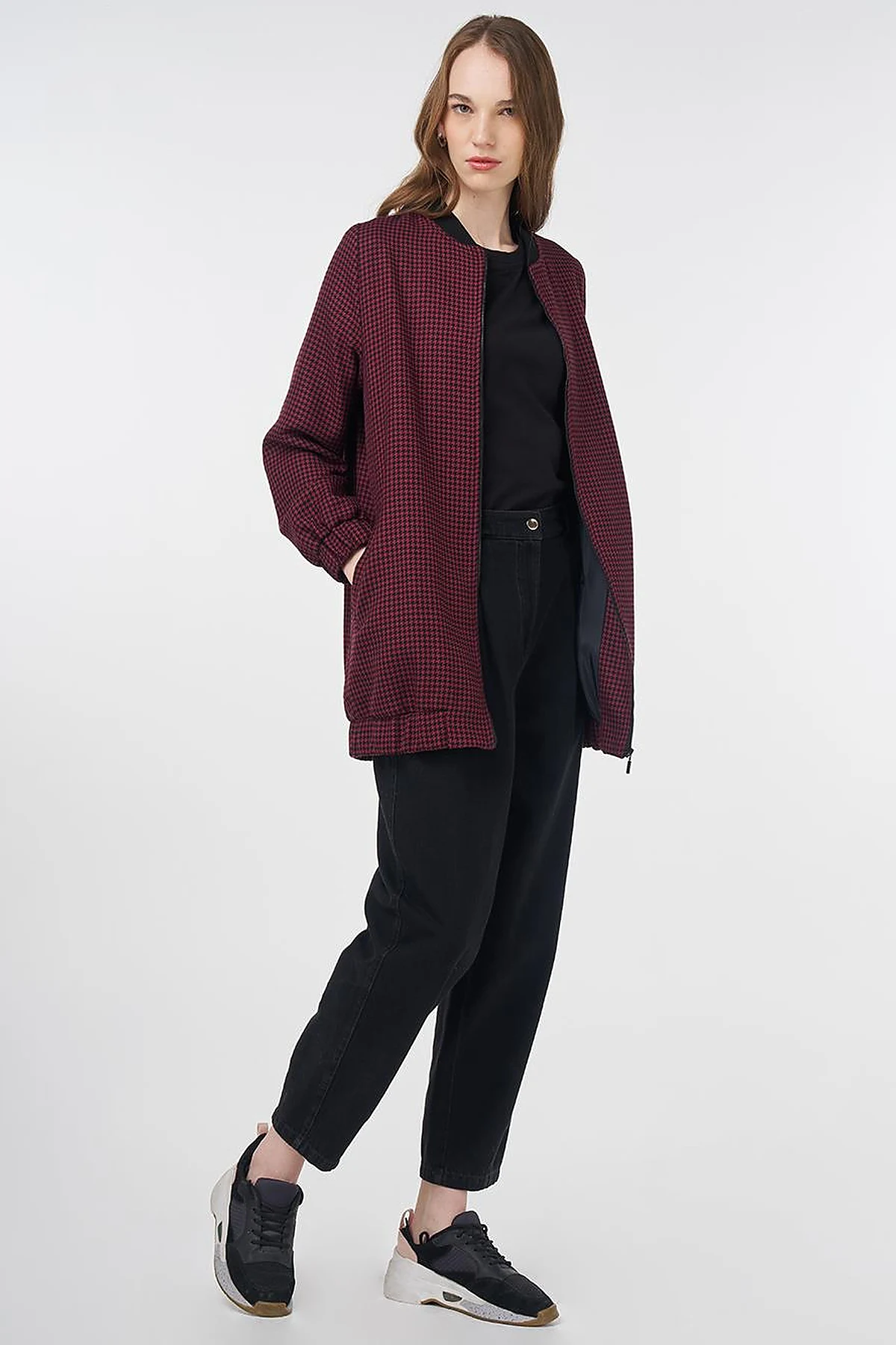 Houndstooth Pattern Basic Jacket Black-Burgundy