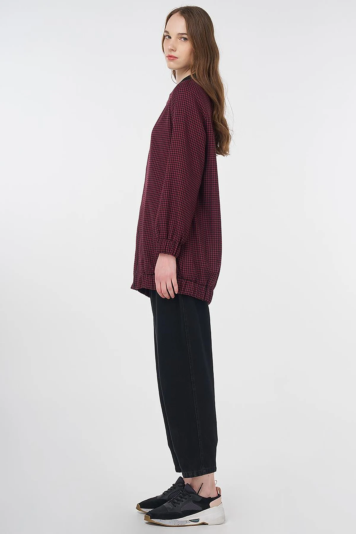 Houndstooth Pattern Basic Jacket Black-Burgundy